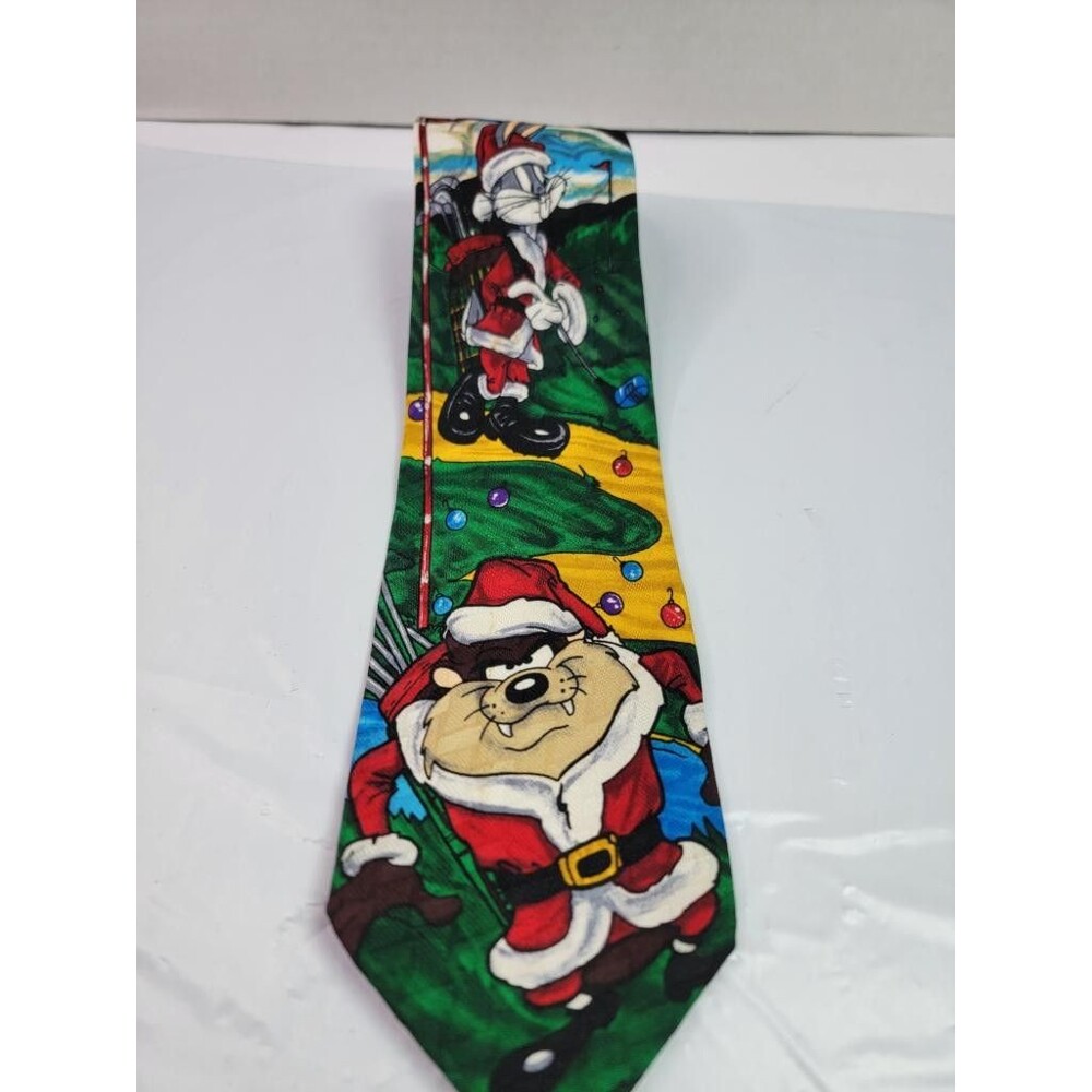 Vintage Looney Tunes Christmas Golf Silk Tie Taz Bugs Bunny Santa 1996 Holiday